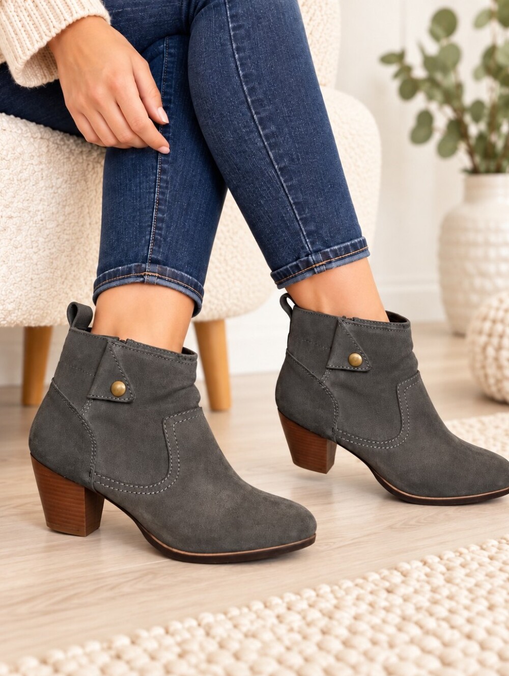 Diba Gray Suede Ankle Boots Western Moto Block Heel Zip Size 10